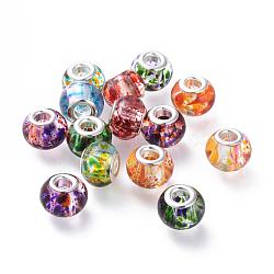 Spray Painted Glass European Beads, with Silver Color Plated Brass Cores, Large Hole Beads, Rondelle, Mixed Color, 14~15x9.5~11mm, Hole: 5mm(GPDL-R004-M1)