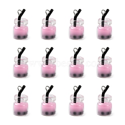 Glass Bottle Pendants, with Resin Inside and Iron Findings, Imitation Bubble Tea/Boba Milk Tea, Pink, 20~25x11~14x11mm, Hole: 1.8mm(X-CRES-S359-01D)
