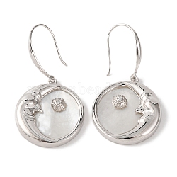 925 Sterling Silver Moon Dangle Earrings, with Freshwater Shell & Clear Cubic Zirconia, Real Platinum Plated, 34x18mm(EJEW-C115-11P)