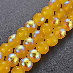 Spray Painted Glass Beads Strands, AB Color Half Plated, Round, Gold, 8x7.5mm, Hole: 1.4mm, about 50~51pcs/strand, 14.57~14.96 inches(37~38cm)(GGLA-S058-001C-02)
