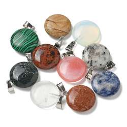 Natural & Synthetic Mixed Gemstone Pendants, with 201 Stainless Steel Finding, Flat Round, 24x20x7mm, Hole: 4x7mm(G-B127-14P)