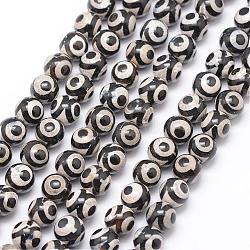 Tibetan Style 3-Eye dZi Beads, Natural Agate Bead Strands, Round, Dyed & Heated, Black, 8mm, Hole: 1mm, about 23pcs/strand, 7.5 inch(G-K166-01-8mm-L2-01)