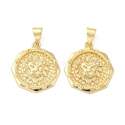 Brass Pendants, Flat Round with Lion Head Charms, Real 18K Gold Plated, 20x18x2.5mm, Hole: 4.5x3.5mm(KK-L209-026G)