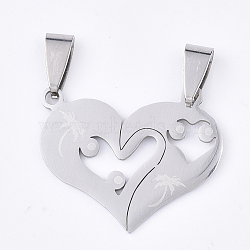 Non-Tarnish 201 Stainless Steel Split Pendants, for Lovers, Heart with Heart, Stainless Steel Color, 24x29x1mm, Hole: 8x4mm(STAS-T048-23)