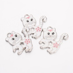 Alloy Enamel Kitten Pendants, Cadmium Free & Lead Free, with Rhinestone, Cat with Flower Shape, Platinum, White, about 25.5mm long, 24mm wide, 2mm thick, hole: 2mm(X-EA556Y-1)