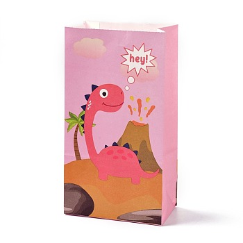 Kraft Paper Bags, No Handle, Wrapped Treat Bag for Birthdays, Baby Showers, Rectangle with Dinosaur Pattern, Hot Pink, 24x13x8.1cm