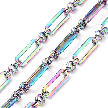 Ion Plating(IP) 304 Stainless Steel Figaro Chains, Unwelded, with Spool, Rainbow Color, Oval: 14x5x1mm, Ring: 4x1.5mm, about 32.8 Feet(10m)/roll