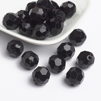 Opaque Acrylic Beads, Faceted Round, Black, Size:about 14mm in diameter, hole: 2mm, about 340pcs/500g