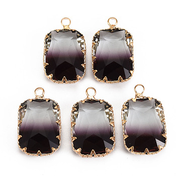 Gradient Color Glass Pendants, with Brass Prong Settings, Faceted, Rectangle, Light Gold, Dark Gray, 24x14x6mm, Hole: 1.6mm