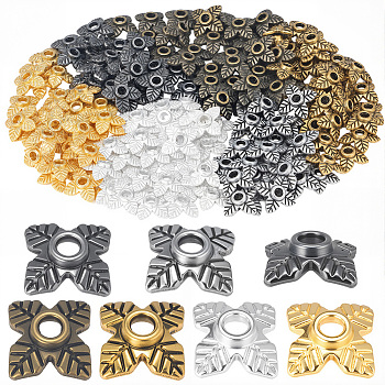 600Pcs 6 Colors Tibetan Style Alloy Bead Caps, Flower, 4-Petal, Mixed Color, 6x6x2mm, Hole: 1mm, 100pcs/color