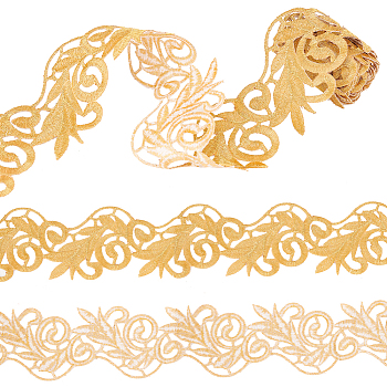 2M Polyester Embroidery Floral Trimming, Iron on/Sew on Hollow Trim, for Costume Decoration, Gold, 65x0.8mm