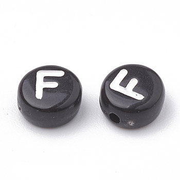 Opaque Acrylic Beads, Horizontal Hole, Alphabet Style, Flat Round, Letter.F, 7x4mm, Hole: 1.5mm, about 3700pcs/500g
