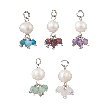 Natural Green Aventurine & Garne & Amethyst & Rose Quartz & Apatite Faceted Round & Potato Pearl Pendants, Beads Tassel Charms with 304 Stainless Steel Jump Rings, Mixed Color, Stainless Steel Color, 21.5x11mm, Hole: 3.3mm