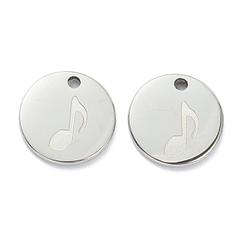 Non-Tarnish 304 Stainless Steel Charms, Flat Round with Music Note, Stainless Steel Color, 11.5x1mm, Hole: 1.5mm