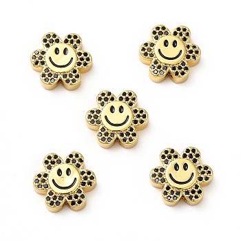 Rack Plating Brass Cubic Zirconia Beads, with Enamel, Real 18K Gold Plated, Long-Lasting Plated, Cadmium Free & Lead Free, Flower with Smiling Face, Black, 13x14x5mm, Hole: 1.5mm
