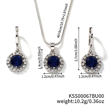 Brass Rhinestones Flat Round Jewelry Set, Earrings & Necklaces Set for Fashionable Women, Dark Blue