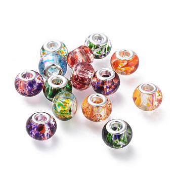 Spray bemalte Glasperlen europäischen, mit versilberten Messingkernen, Großloch perlen, Rondell, Mischfarbe, 14~15x9.5~11 mm, Bohrung: 5 mm