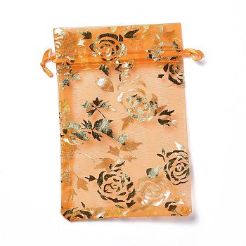 Organza Drawstring Jewelry Pouches, Wedding Party Gift Bags, Rectangle with Gold Stamping Rose Pattern, Orange, 15x10x0.11cm