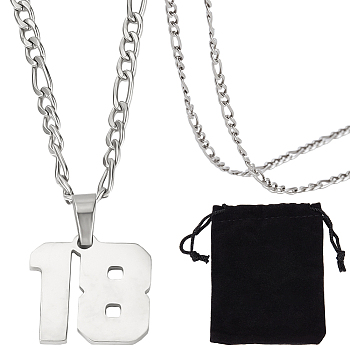 1Pc 304 Stainless Steel Figaro Chain Number Pendant Necklaces, 1Pc Rectangle Velvet Pouches, Stainless Steel Color, 24.21 inch(61.5cm), Pendant: 18.5x19mm