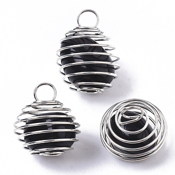 Iron Wrap-around Spiral Bead Cage Pendants, with Natural Obsidian Beads inside, Round, Platinum, 21x24~26mm, Hole: 5mm