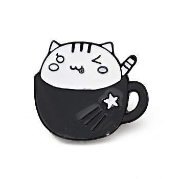Coffee Cup Cat Enamel Pin, Electrophoresis Black Plated Alloy Badge for Backpack Clothes, White, 21x24.5x2mm