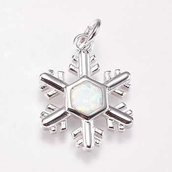 Brass Pendants, with Synthetic Opal, Snowflake, Platinum, Light Yellow, 20.5x15.5x2mm, Hole: 4mm