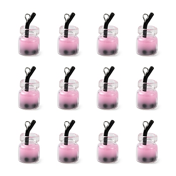 Glass Bottle Pendants, with Resin Inside and Iron Findings, Imitation Bubble Tea/Boba Milk Tea, Pink, 20~25x11~14x11mm, Hole: 1.8mm