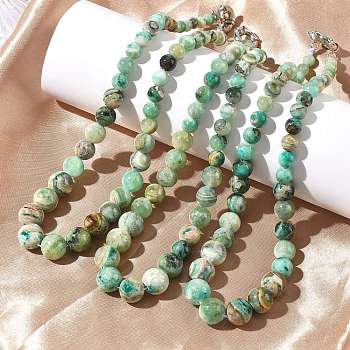 Natural Green Line Jasper  Graduated Round Beaded Necklaces, with Platinum Brass Spring Ring Clasps, 18.66~18.78 inch(47.4~47.7cm)