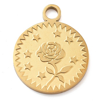 304 Stainless Steel Pendants, Laser Cut, Flat Round with Rose & Star Charm, Real 18K Gold Plated, 22x18x1mm, Hole: 3mm