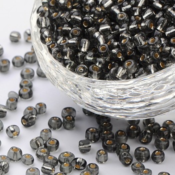 (Repacking Service Available) 6/0 Glass Seed Beads, Silver Lined Round Hole, Round, LiGoht Gorey, 4mm, Hole: 1.5mm, about 12G/bag