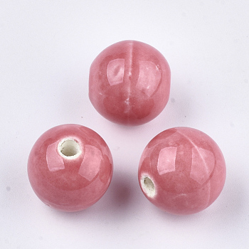 Handmade Porcelain Beads, Bright Glazed Porcelain, Round, Hot Pink, 14~14.5x13.5~14mm, Hole: 2.5~3mm