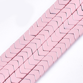 Spray Painted Non-magnetic Synthetic Hematite Beads Strands, Arrow/Chevron, Pink, 5.5x6x2mm, Hole: 0.7mm, about 107pcs/strand, 16.1 inch