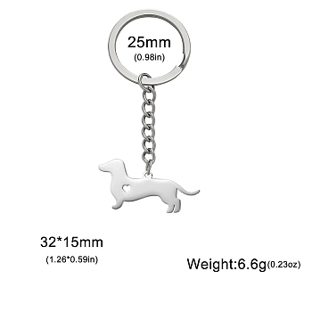 Non-Tarnish Stainless Steel Kaychains, Dog, Stainless Steel Color, Pendant: 1.5x3.2cm