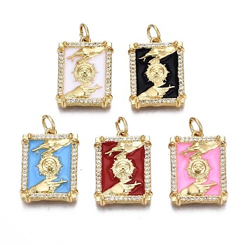 Brass Micro Pave Clear Cubic Zirconia Pendants, with Enamel and Jump Rings, Cadmium Free & Nickel Free & Lead Free, Real 16K Gold Plated, Rectangle with Hand, Mixed Color, 19.5x14.5x3mm, Jump Ring: 5x1mm, 3mm inner diameter