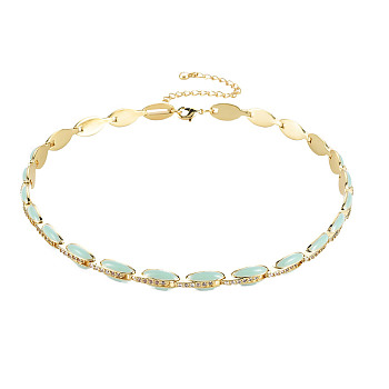 Brass Micro Pave Cubic Zirconia Link Tennis Necklaces for Women, with Enamel, Nickel Free, Real 18K Gold Plated, Oval, Aquamarine, 34x0.7cm