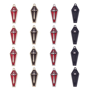 20Pcs 4 Colors Zinc Alloy Enamel Pendants, with Crystal Rhinestone, Coffin with Cross, Red, 31.5x13.5x3.5mm, Hole: 2mm, 5pcs/color