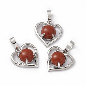 Natural Red Jasper Pendants, Heart Charms, with Platinum Tone Brass Findings, Cadmium Free & Nickel Free & Lead Free, 21.5x19.5x7.5~8mm, Hole: 7.5x5mm