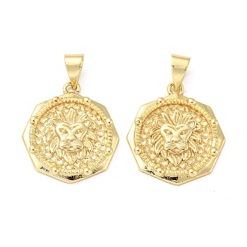 Brass Pendants, Flat Round with Lion Head Charms, Real 18K Gold Plated, 20x18x2.5mm, Hole: 4.5x3.5mm
