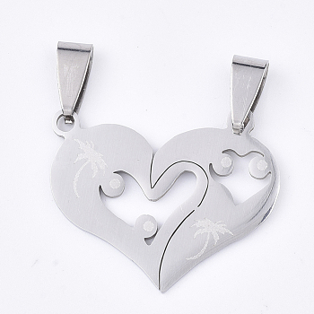 201 Stainless Steel Split Pendants, for Lovers, Heart with Heart, Stainless Steel Color, 24x29x1mm, Hole: 8x4mm