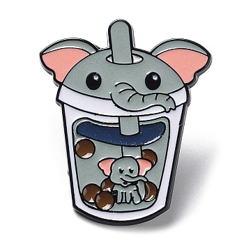 Cartoon Animal Boba Tea Cup Enamel Pin, Electrophoresis Black Alloy Brooch for Clothes Backpack, Elephant, 31x26x1.5mm