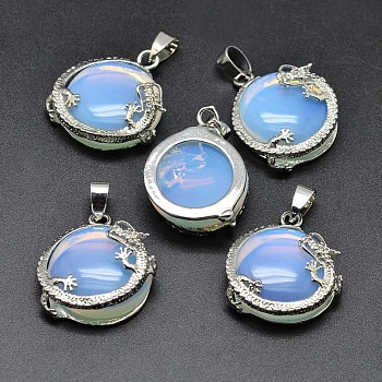 Flat Round with Dragon Platinum Plated Brass Opalite Pendants, Cadmium Free & Lead Free, 26.5x24x9mm, Hole: 7x4mm