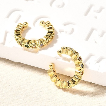 Brass Micro Pave Cubic Zirconia Cuff Earrings, Long-Lasting Plated, Flower, Colorful, Real 18K Gold Plated, 13x15x2.5mm