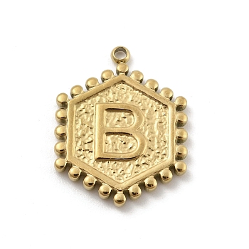201 Stainless Steel Pendants, Golden, Hexagon with Letter Charm, Letter B, 21x16.5x2mm, Hole: 1.5mm