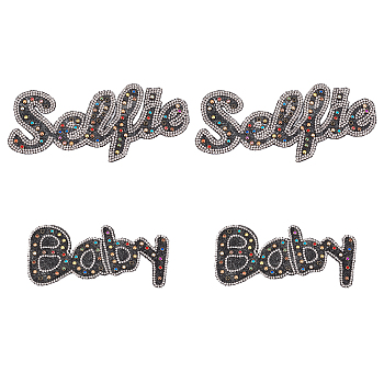 SUPERFINDINGS 4Pcs 2 Style Word Baby & Selfie Glitter Hotfix Rhinestone, Iron on Patches, Dress Shoes Garment Decoration, Colorful, 60~75x130~180mm, 2pcs/style