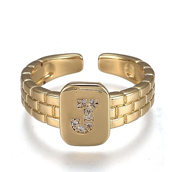 Brass Micro Pave Clear Cubic Zirconia Cuff Rings, Open Rings, Cadmium Free & Lead Free, Rectangle, Golden, Letter.J, US Size 6 1/4, Inner Diameter: 16.8mm