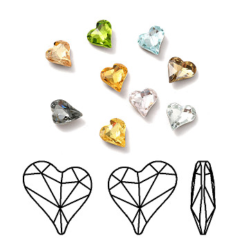 Faceted K9 Glass Rhinestone Cabochons, Pointed Back & Back Plated, Heart, Mixed Color, 12x12x4.5mm