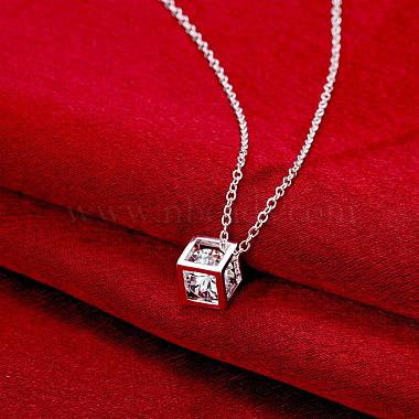Silver Color Plated Brass Cubic Zirconia Cube Pendant Necklace(NJEW-BB00455)-4