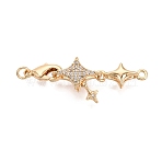 Brass Micro Pave Clear Cubic Zirconia Lobster Claw Clasps, Star, Real 18K Gold Plated, 41.5mm, Star: 15x10x8mm and 16x7x5.5mm, Lobster Claw Clasps: 12x7.5x3mm, Hole: 1.6mm(KK-N288-11G)