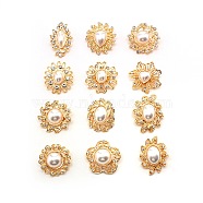 Crystal Alloy Rhinestone Brooches Set, Flower & Oval & Teardrop with Imitation Pearl Beads Lapel Pins for Wedding Party, Golden, 32~40.5x28~35x12~16mm, 12pcs/set(JEWB-SZC0001-30)