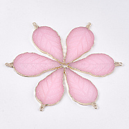 Electroplate Druzy Resin Big Pendants, with Iron Findings, Leaf, Light Gold, Pink, 56~57x27~28x3mm, Hole: 1.6mm(RESI-S366-22D)